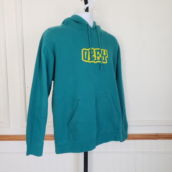 SOLD Obey Mens Sweatshirt Large Hoodie Grn Yellow Pullover Pocket Graphic Print - Picture 3 of 10
